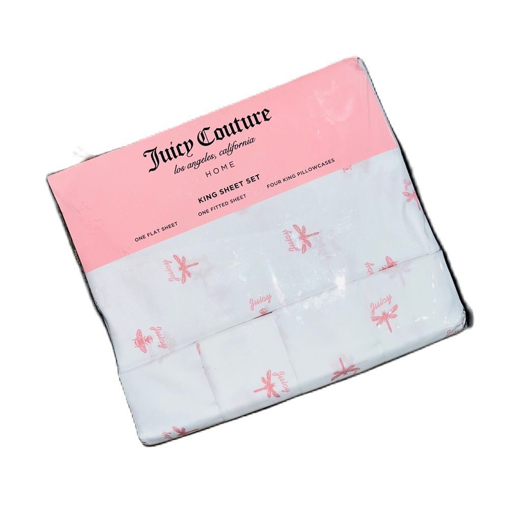 **SOLD** Juicy Couture Home 6 Piece King Size Sheet Set Pink Bee & Dragonfly - Picture 9 of 14